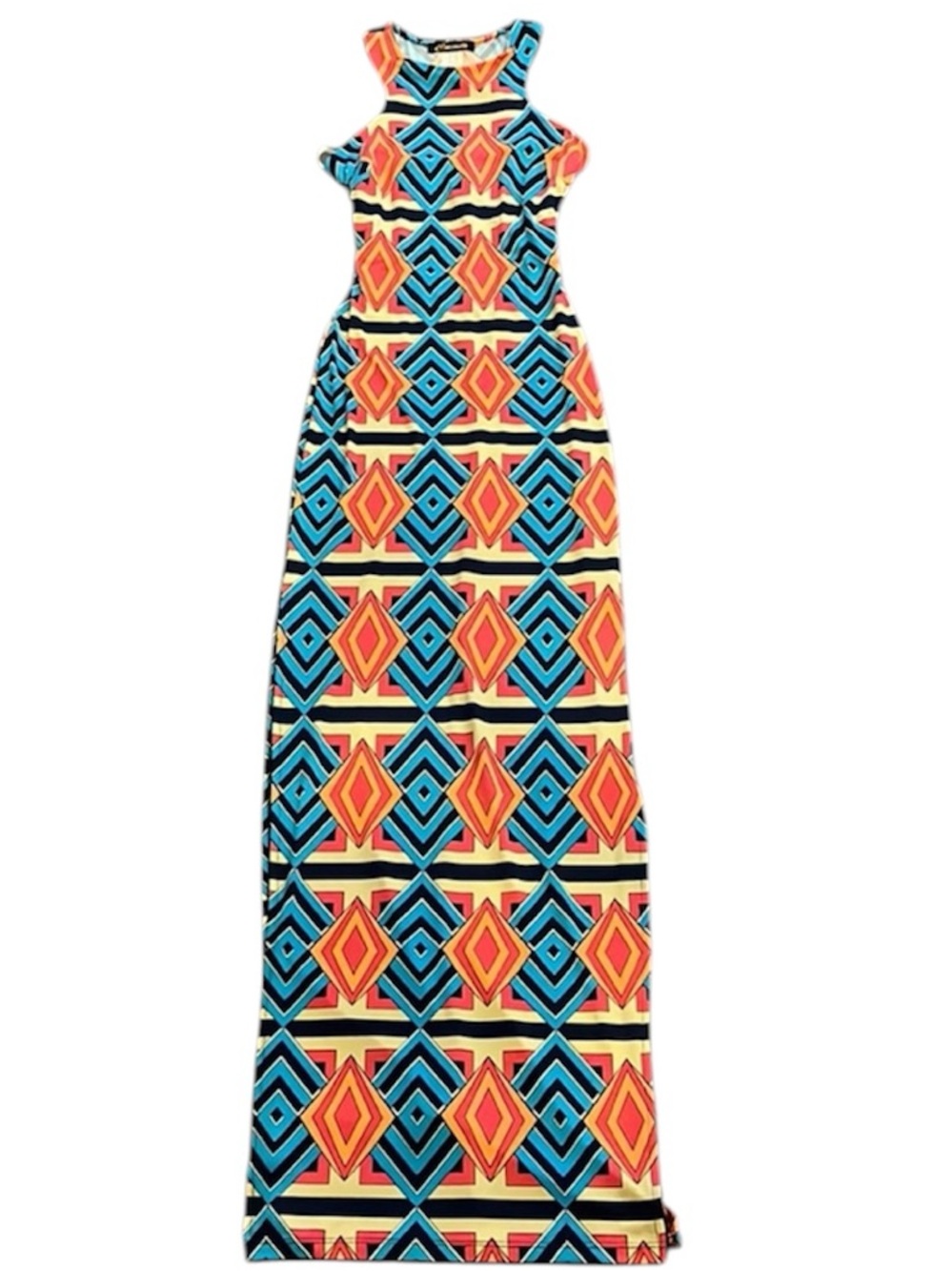 Colorful Geometric Print Bodycon Maxi Dress | Retro Mod Festival | Small - Picture 6 of 7